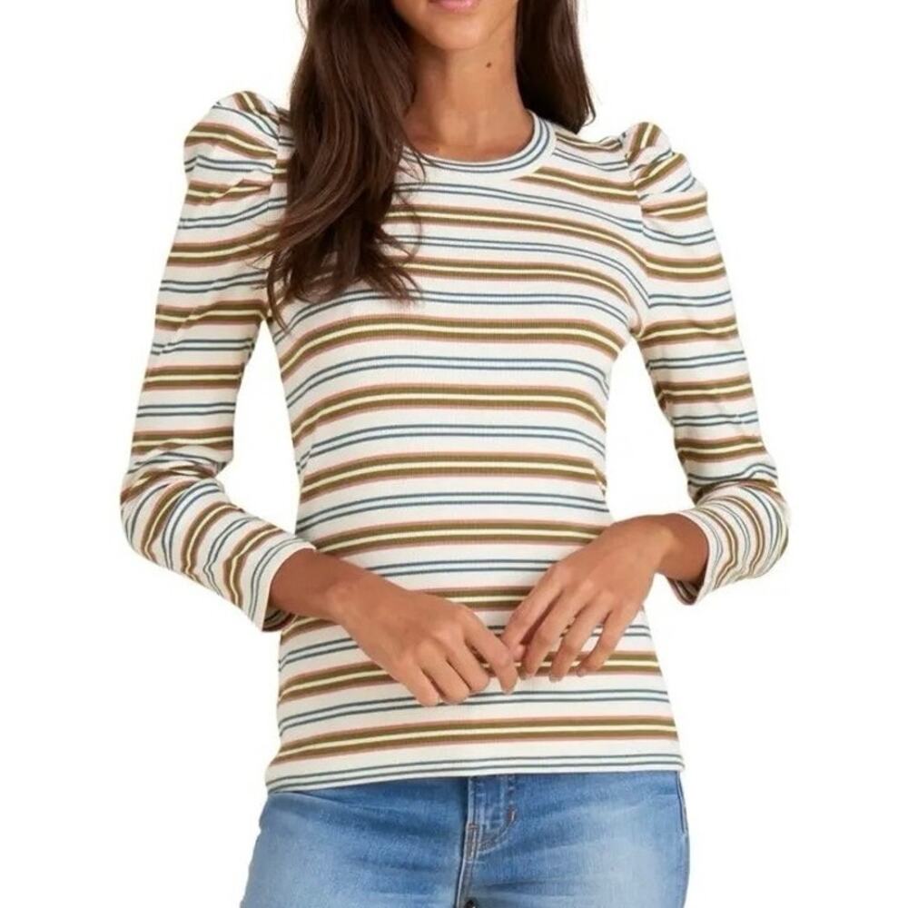 VERONICA BEARD Britney Stripe Puff Sleeve Stretch Cotton Top Green Pink Small